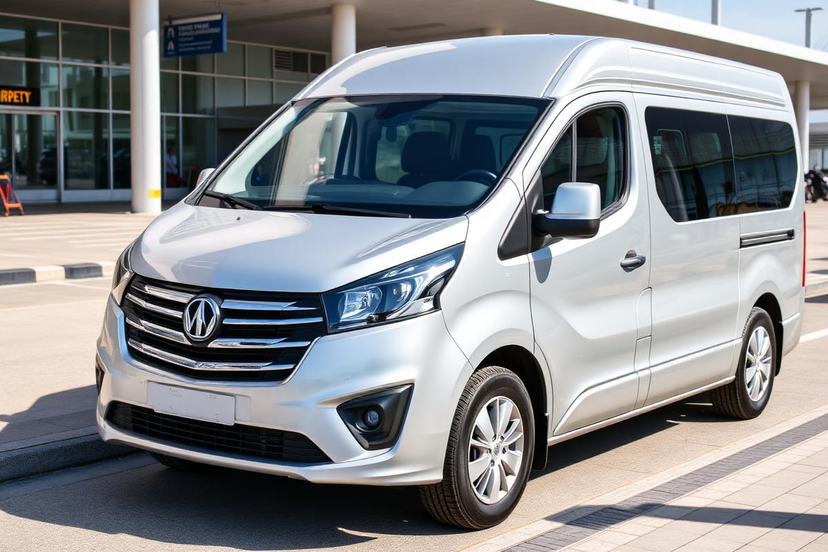 Silberner FlughafenTaxi Van für Gruppentransfers zum Flughafen